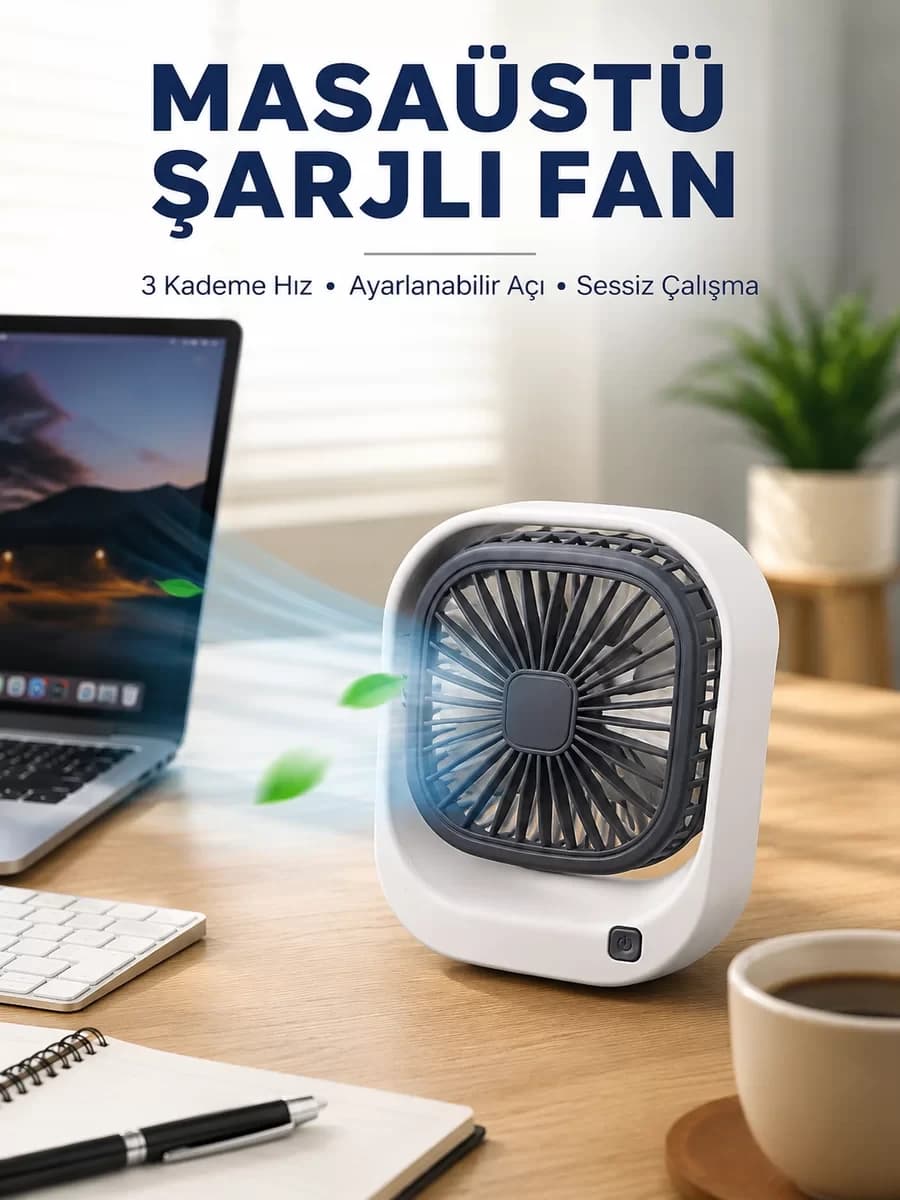 Taşınabilir Masaüstü Fan Ayarlanabilir Açılı Şarjlı Tasarım
