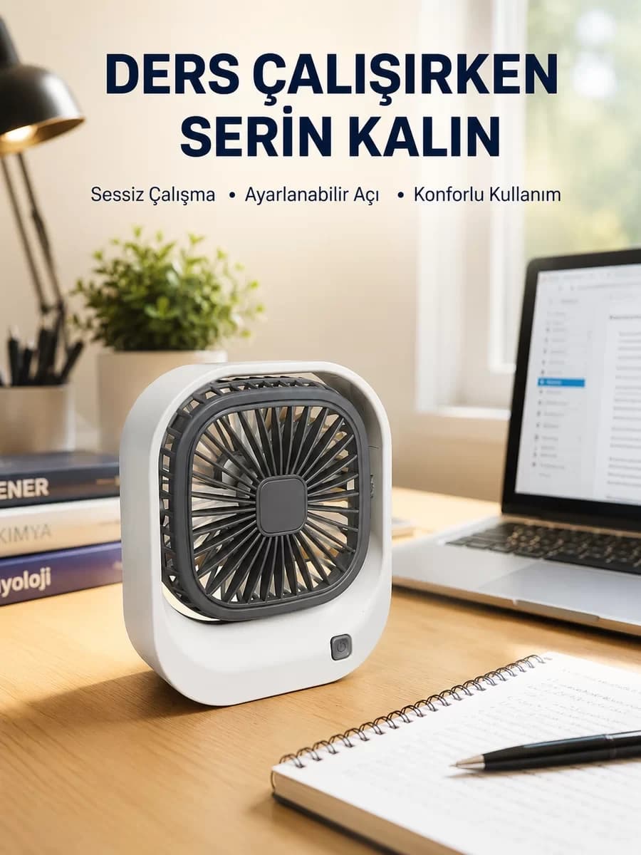 Şarjlı Masaüstü Fan 3 Kademeli Güçlü Hava Akışı