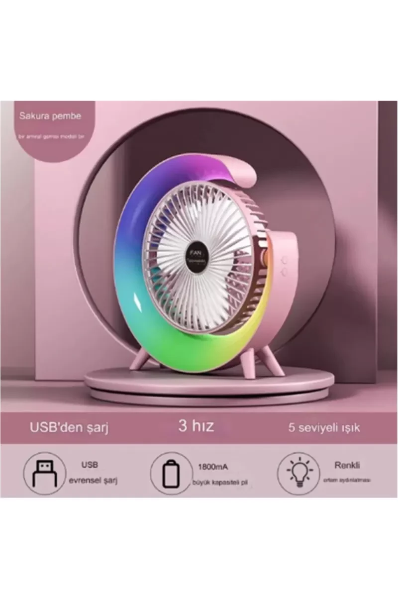 Masaüstü Vantilatör Usb Şarjlı Rgb Led Işıklı 3 Kademeli 180° Ayarlanabilir S...
