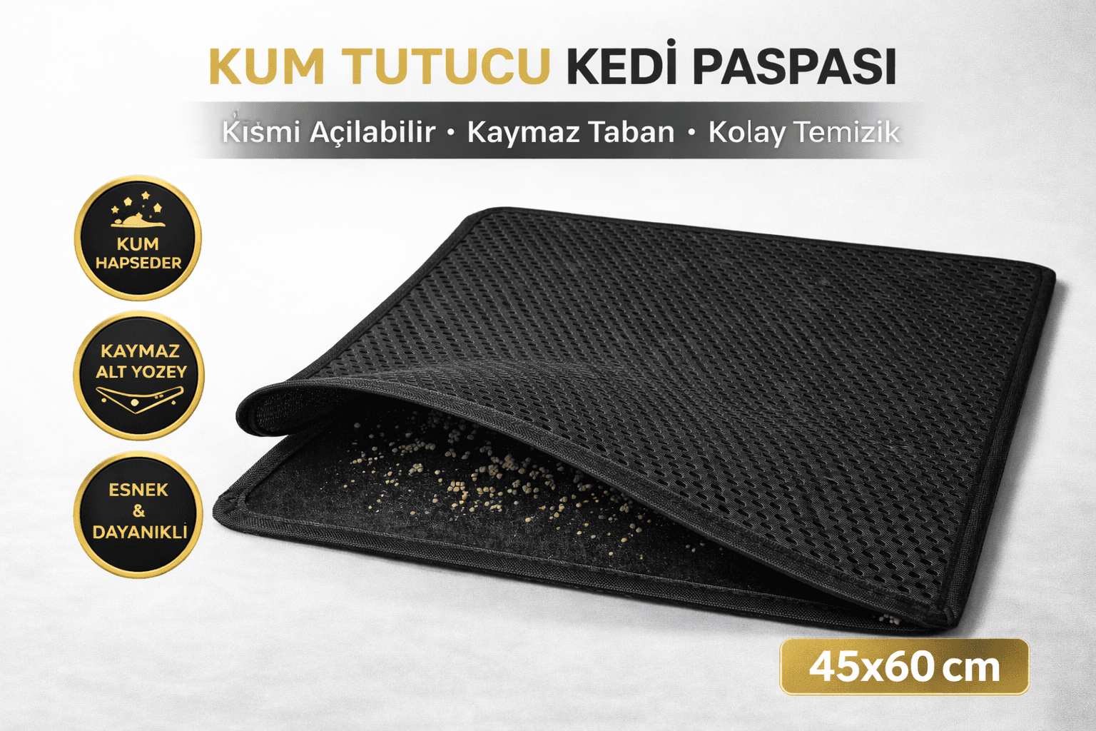 Kedi Elekli Tuvalet Önü Kum Tutucu Paspas 45 cm - 60 cm Siyah