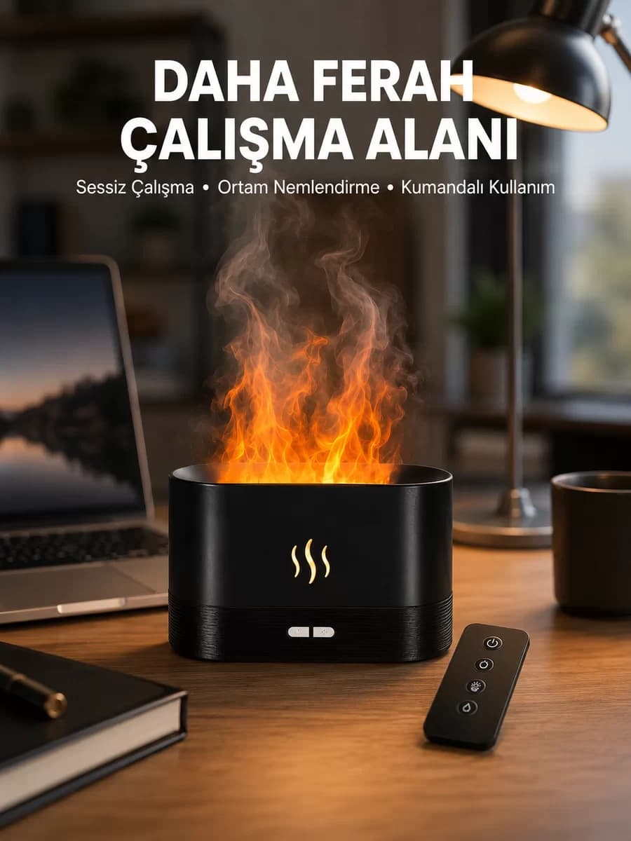 Aromatik Oda Kokusu Difüzörü Alev Tasarımlı LED Işıklı Nemlendirici Yeni Nesil