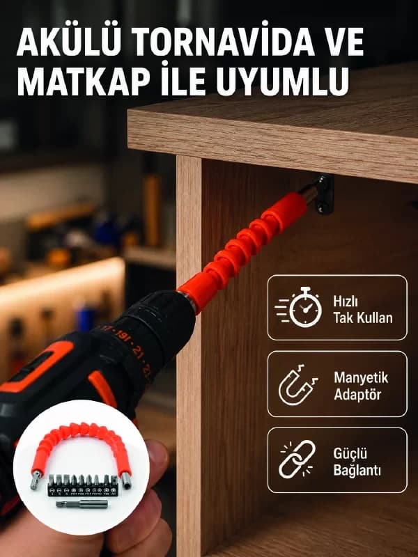 Esnek Bits Uç Seti 12 Parça Manyetik Adaptörlü Matkap Tornavida Aksesuarı