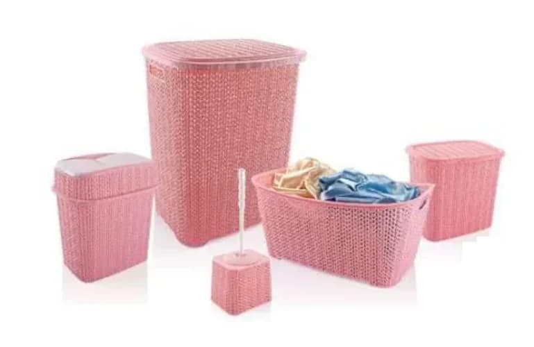 5 Parça Örgü Desenli Plastik Banyo Seti Çamaşır Sepeti Deterjanlık Klik Kova...