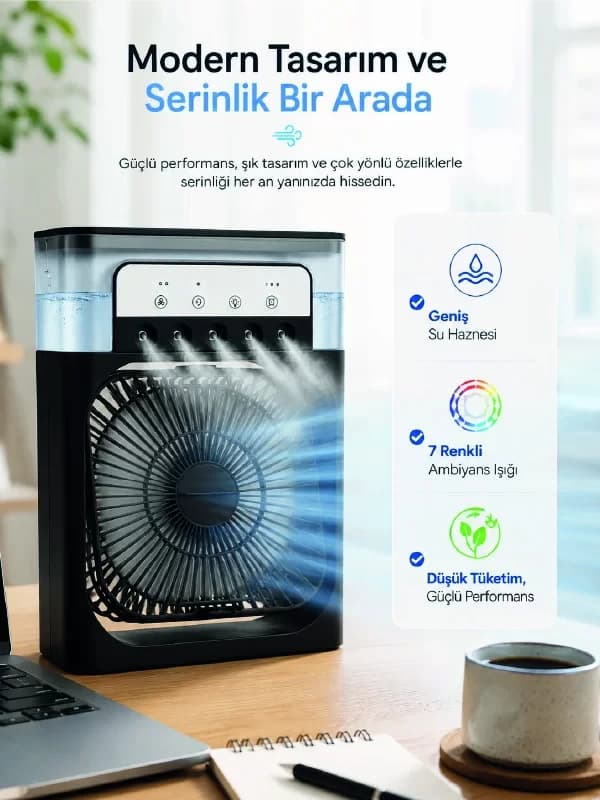 Masaüstü Püskürtmeli Serinletici Fan 5 Sisleme 3 Fan Hızı 7 Renk Ambiyans Işığı