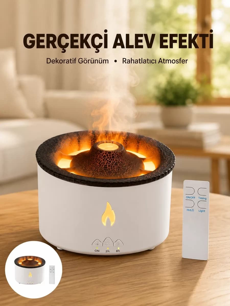 3D Alev Efektli Hava Nemlendirici – Uzaktan Kumandalı ve 8 Saat Çalışma Sürel...