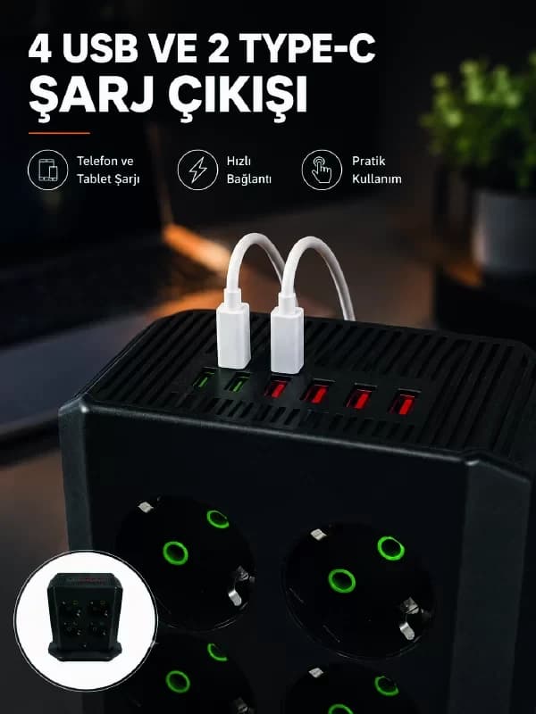 8`li Dikey Çoklu Priz 4 USB 2 Type-C Akım Korumalı Anahtarlı Priz