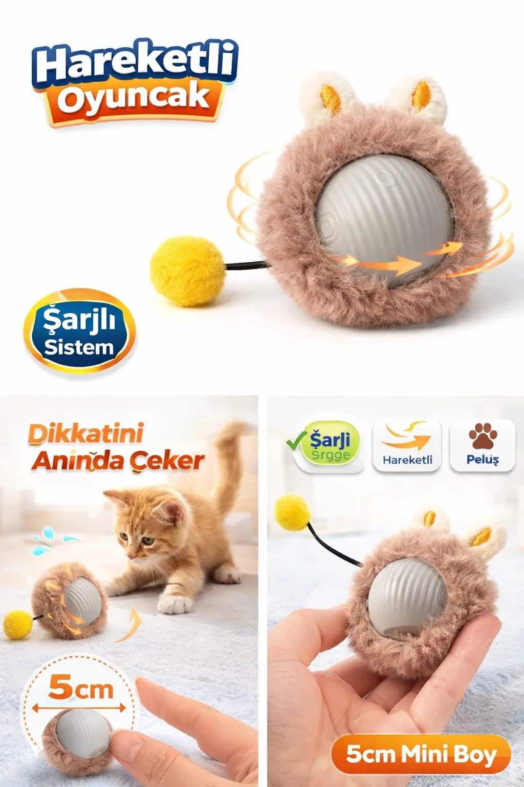 KP Şarjlı Hareketli Peluş Kedi Oyuncağı Kuyruklu 5 cm – İnteraktif Titreşimli...