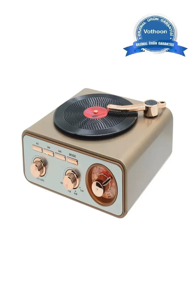 Metalik Nostaljik Tasarım Plak Çalar Görünümlü Radyolu Bluetooth Hoparlör Ret...