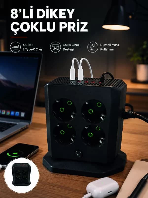 8`li Dikey Çoklu Priz 4 USB 2 Type-C Girişli Akım Korumalı Uzatma Prizi