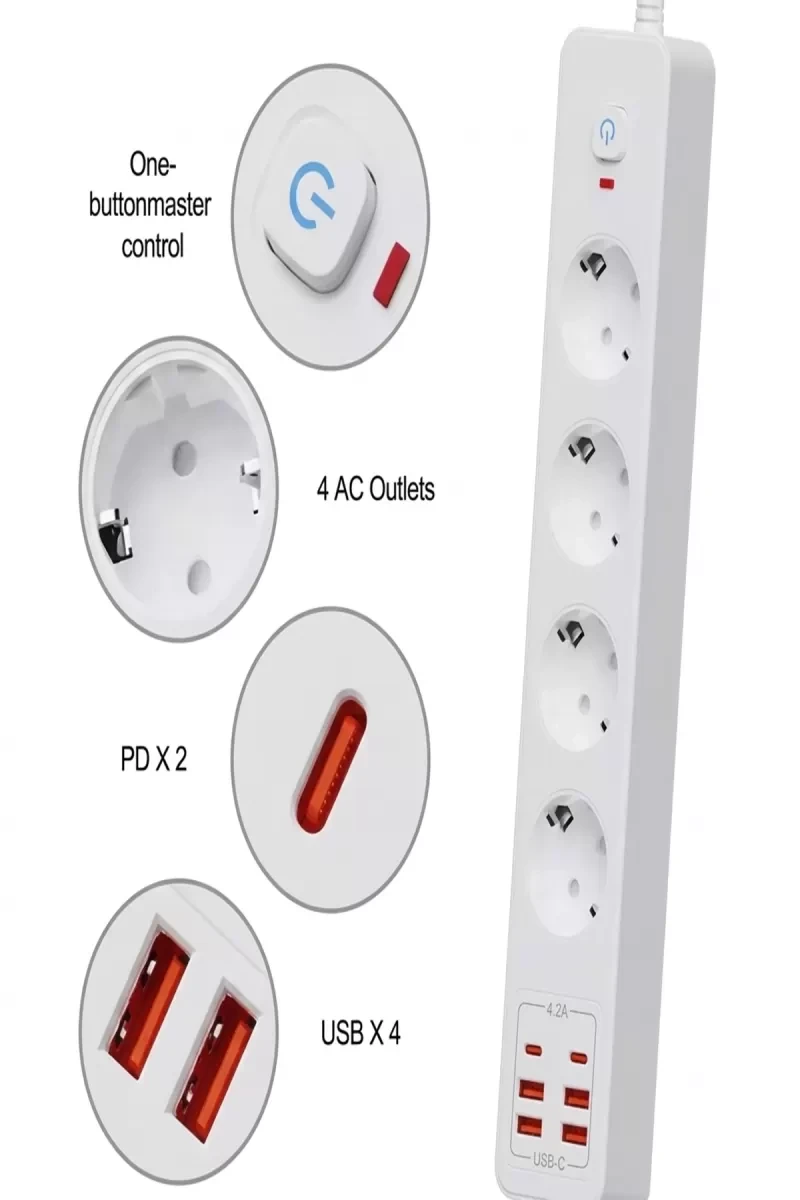 Termal Akım Korumalı 4’lü Priz 4x Usb 2x Type-c Çıkışlı Grup Priz Çoğaltıcı (...