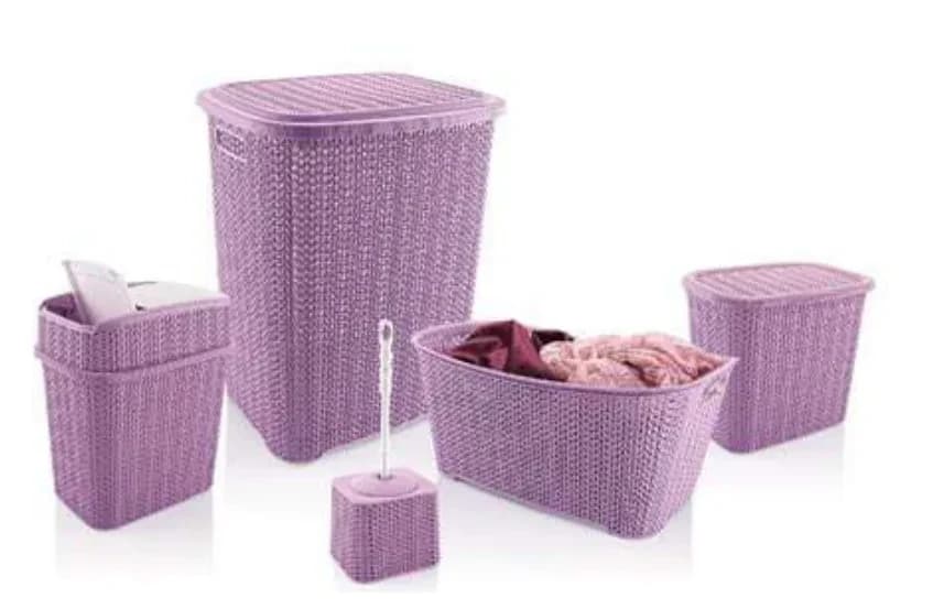 5 Parça Örgü Desenli Plastik Banyo Seti Çamaşır Sepeti Deterjanlık Kovası Kl...