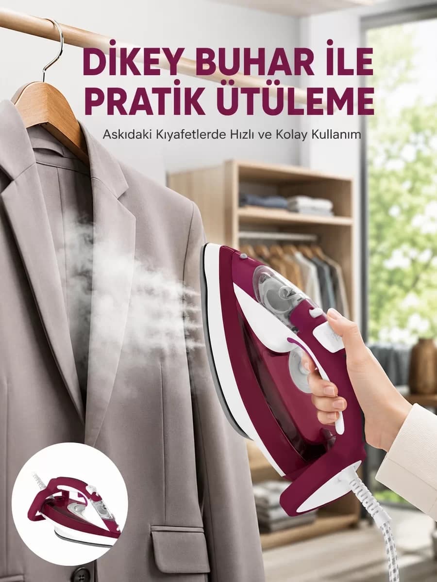 Yeni Nesil Kırmızı Buharlı Ütü 2200 Watt Seramik Tabanlı Yüksek Buhar Gücü
