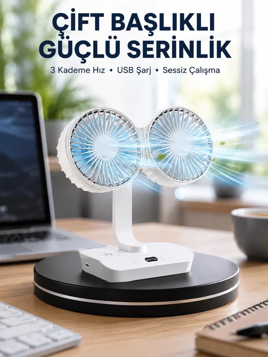 Sessiz Çalışan USB Şarjlı Çift Kafalı Masaüstü Fan – Ev ve Ofis İçin