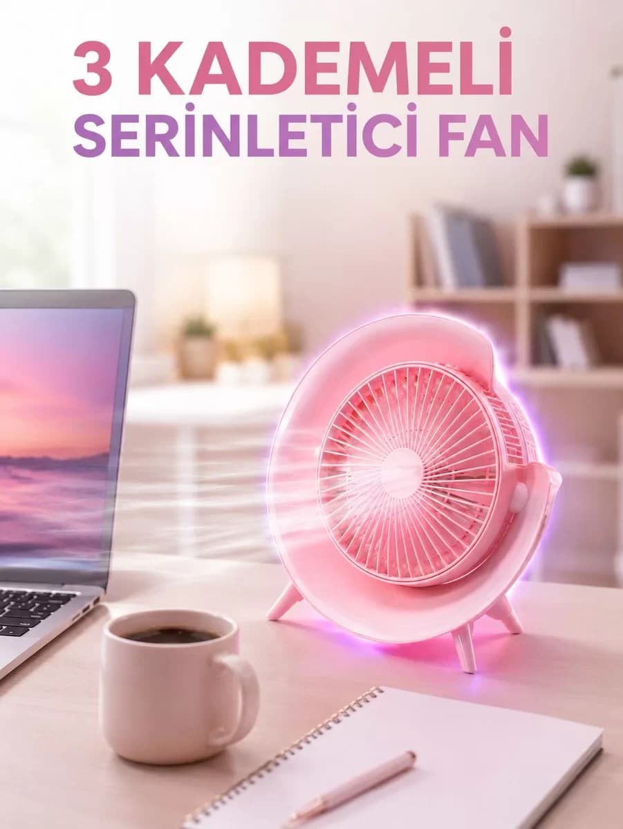 RGB Işıklı 3 Kademeli USB Şarjlı Masaüstü Vantilatör