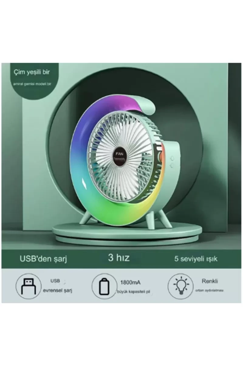 Masaüstü Vantilatör Usb Şarjlı Rgb Led Işıklı 3 Kademeli 180° Ayarlanabilir S...