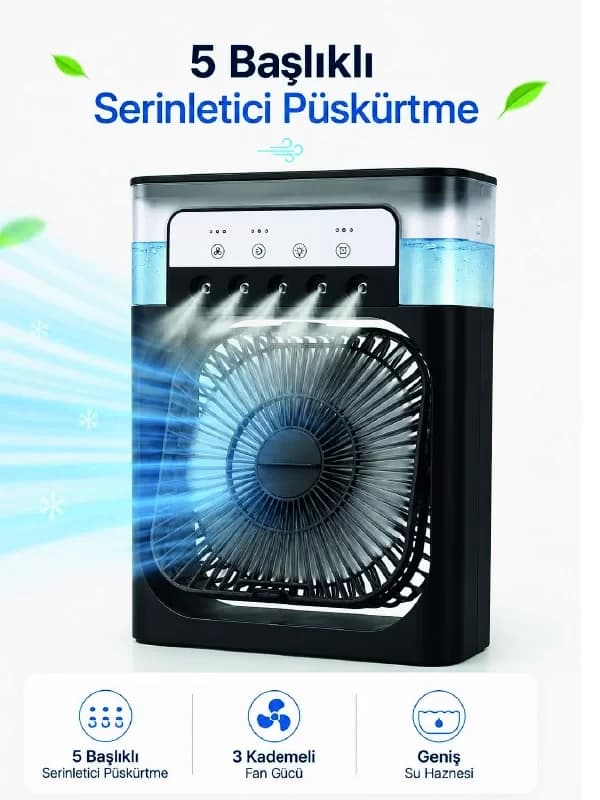 Püskürtmeli Masaüstü Fan 5 Başlıklı Serinletici 600 ml Su Haznesi 3 Kademe Fa...