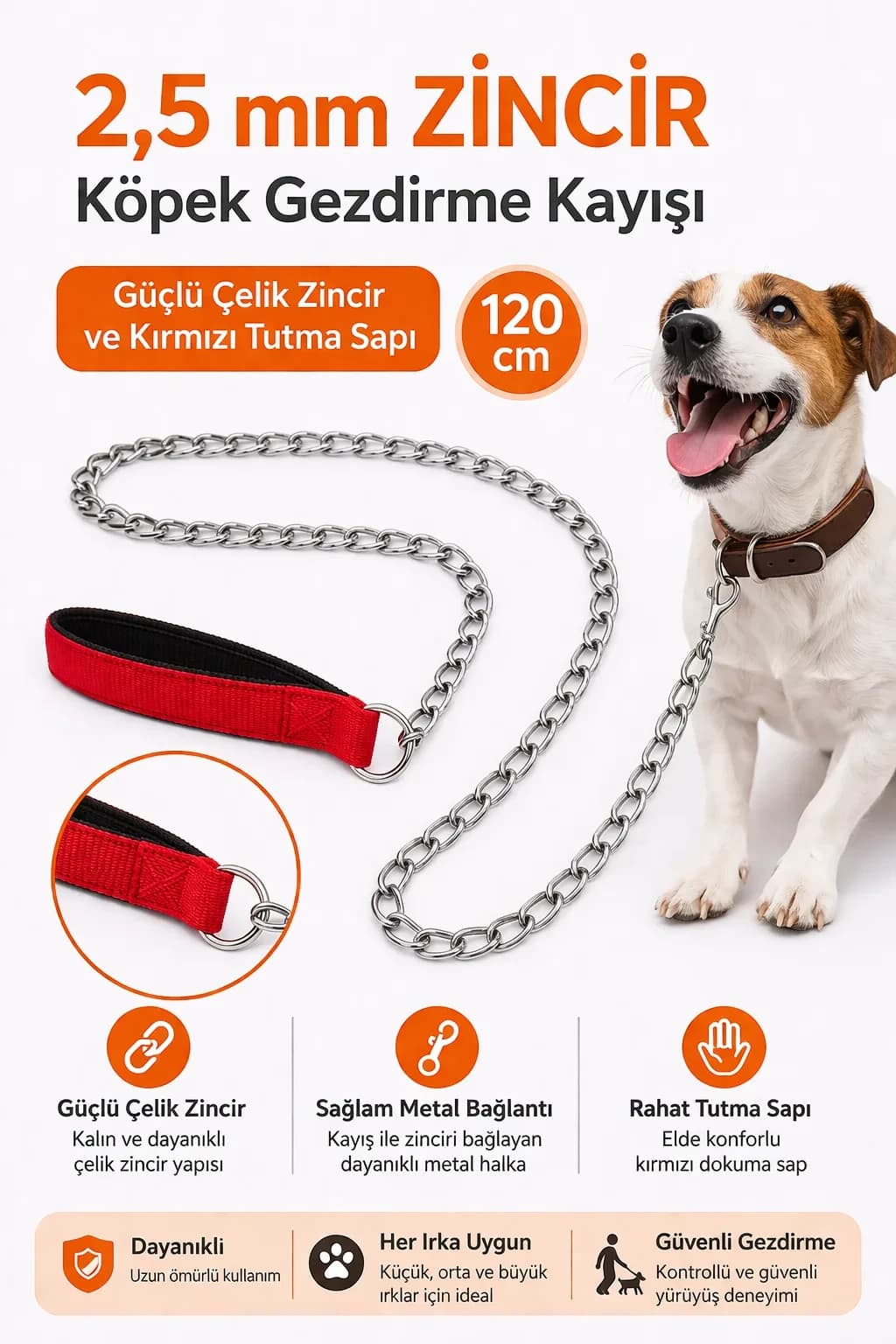 Zincir Köpek Gezdirme Kayışı Dalı Çelik & Ergonomik Tutma Saplı 2,5 mm-120 cm...