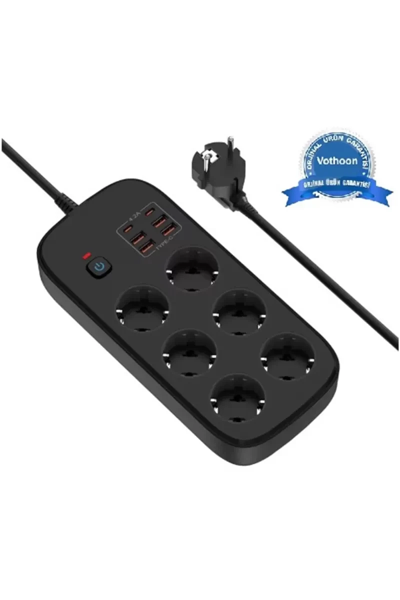 Termal Akım Korumalı 6’lü Priz 4x Usb 2x Type-c Çıkışlı Grup Priz Çoğaltıcı (...