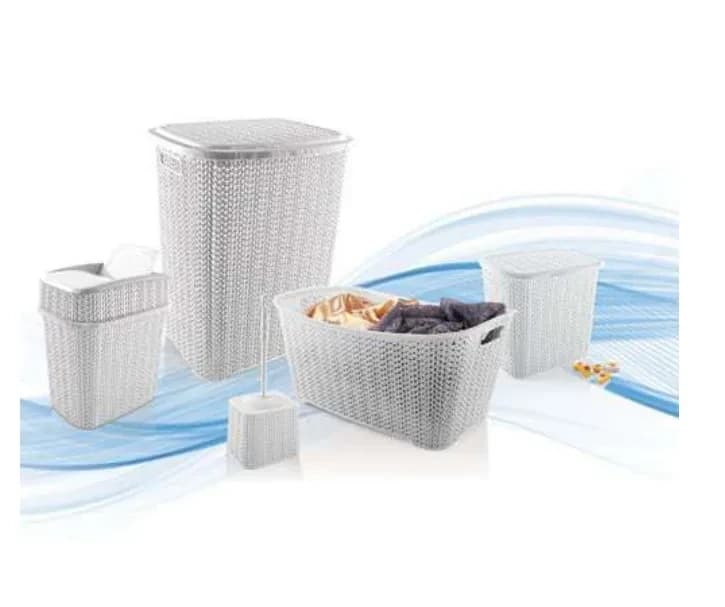 5 Parça Örgü Desenli Plastik Banyo Seti Çamaşır Sepeti Deterjanlık Kovası Kl...