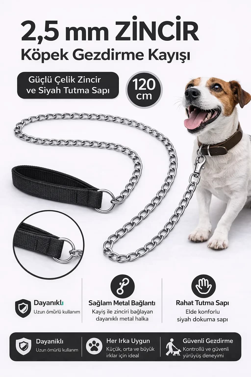 Zincir Köpek Gezdirme Kayışı Dalı Çelik & Ergonomik Tutma Saplı 2,5 mm-120 cm...
