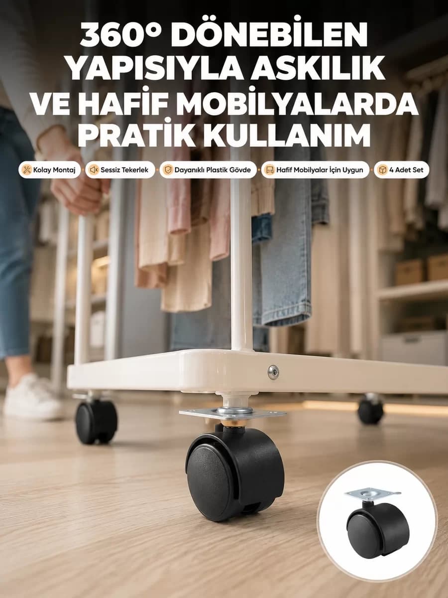 4 cm Kilitsiz Tekerlek Ayak Seti Zemin Koruyucu