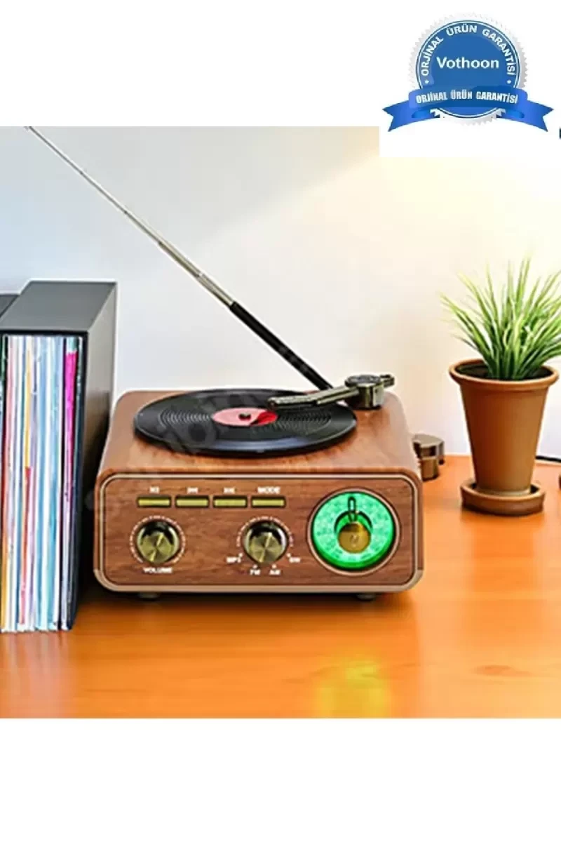Nostaljik Tasarım Plak Çalar Görünümlü Radyolu Bluetooth Hoparlör Retro Müzik...