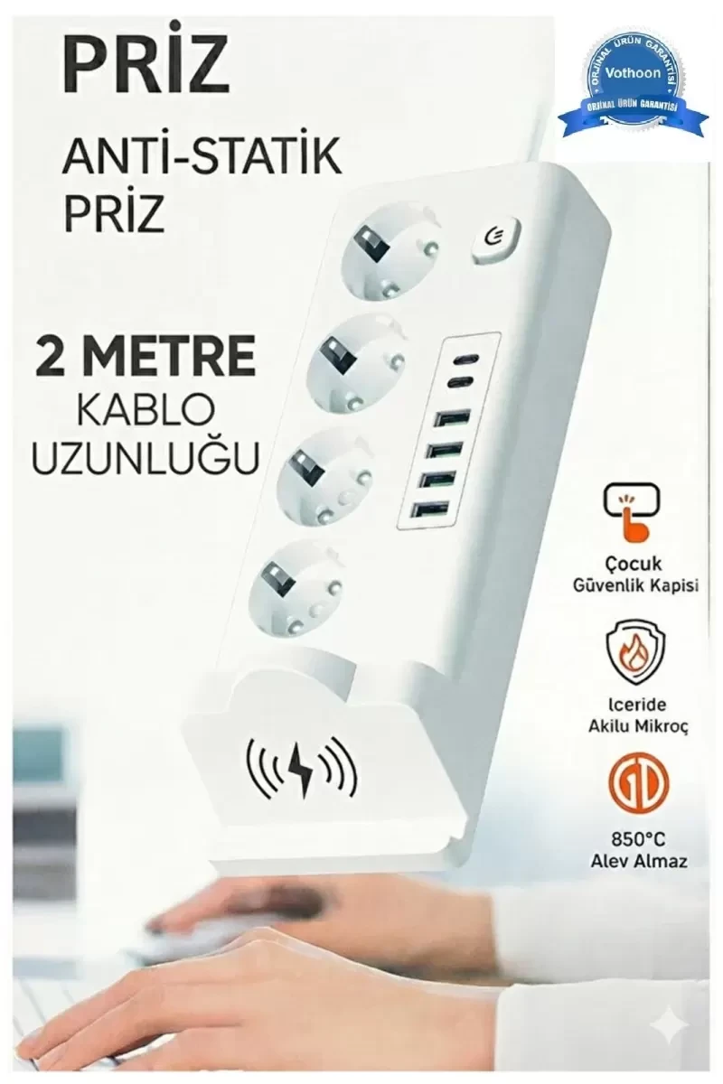 Akım Korumalı Priz Ve Masaüstü Şarj İstasyonu Kablosuz 4 Priz ,4 Usb, 2 Type-...