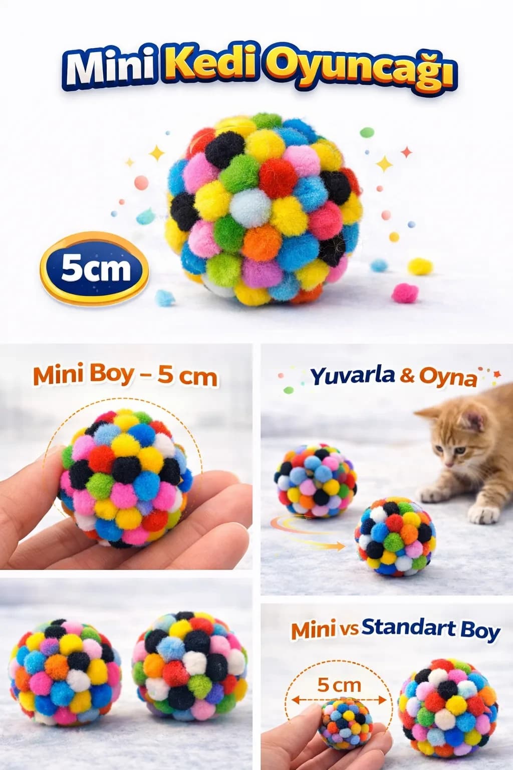 Mini Ponpon Kedi Oyuncak Topu 5 cm ( 2 Adet ) – Yumuşak Renkli Sessiz Kedi Oy...