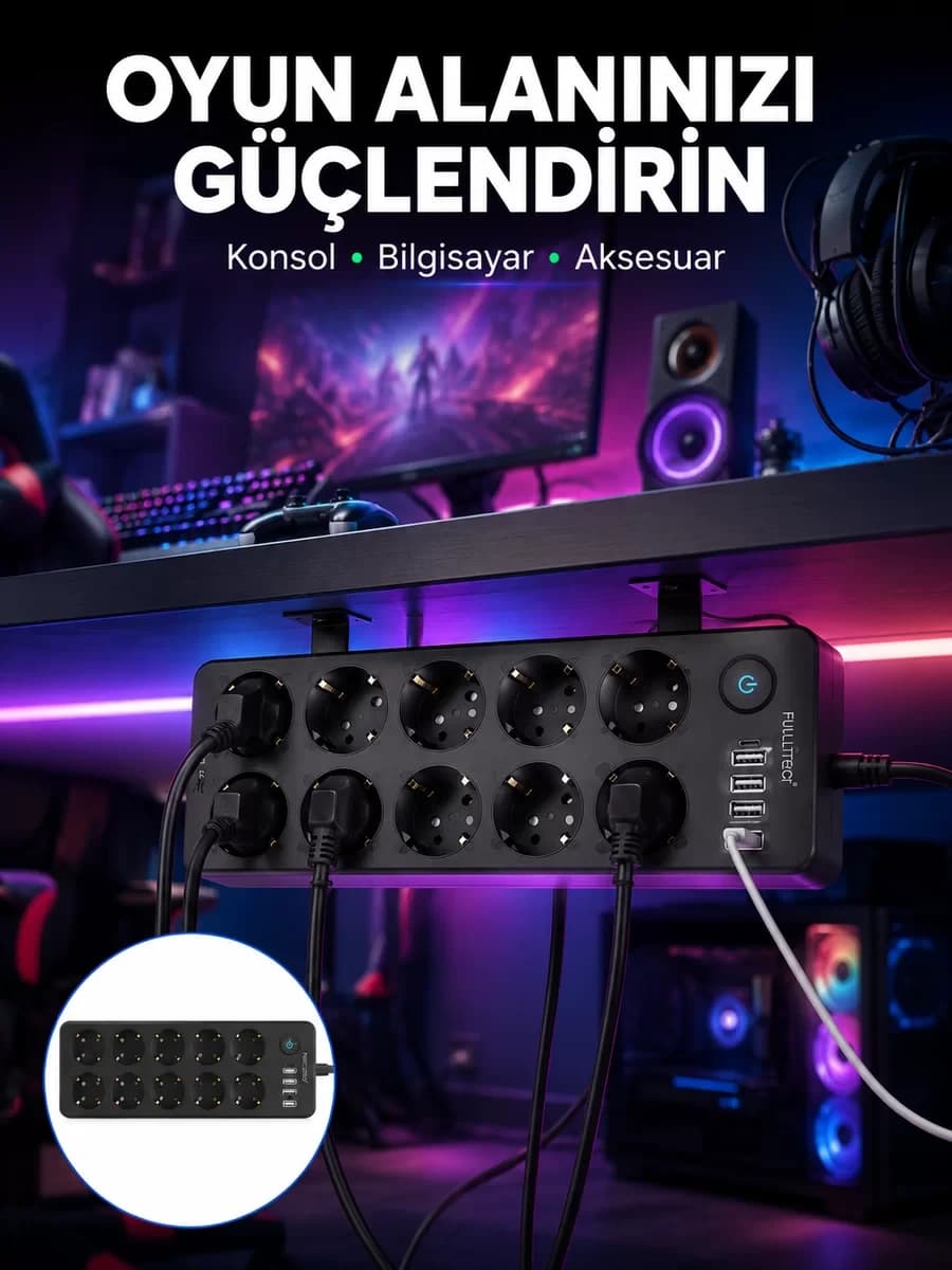 USB ve Type-C Çıkışlı 10`lu Akım Korumalı Çoklu Priz Güç Dağıtıcı