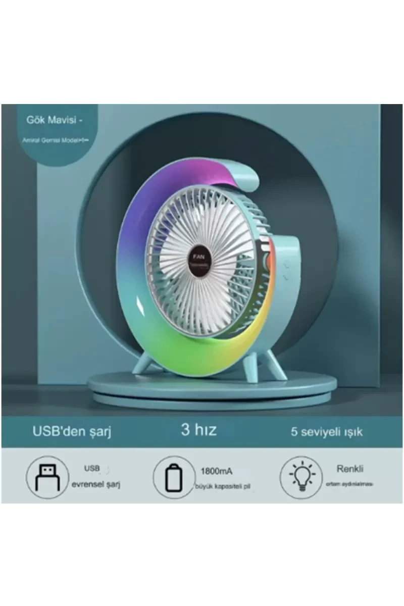 Masaüstü Vantilatör Usb Şarjlı Rgb Led Işıklı 3 Kademeli 180° Ayarlanabilir S...