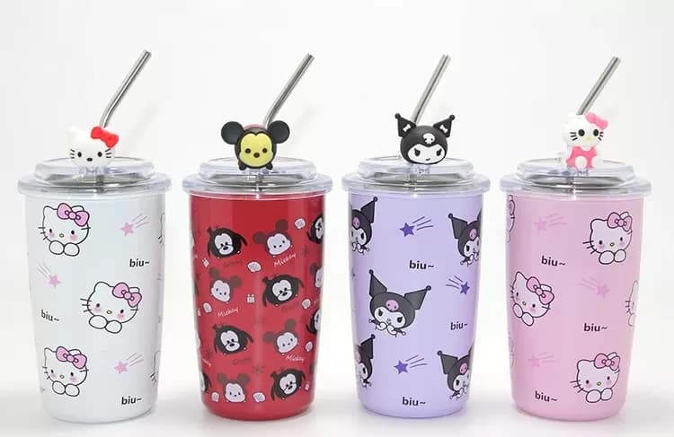 Sanrio Hello Kitty & Kuromi Figürlü Isı Muhafazalı Metal Pipetli Çelik Kupa A...