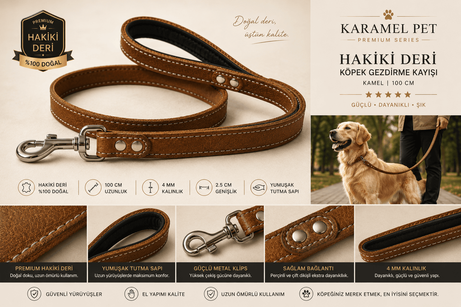 Hakiki Deri Köpek Gezdirme Kayışı Kamel 100 cm Yumuşak Doulu Tutma Saplı