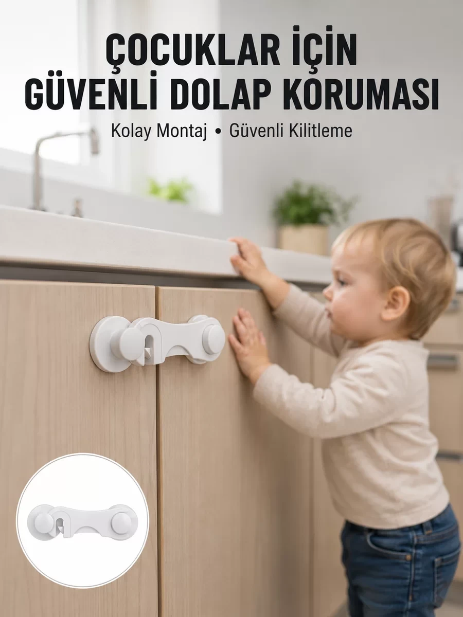 4 Adet Dolap ve Çekmece Emniyet Kilidi Çift Taraflı Bantlı Güvenli Tasarım Ye...