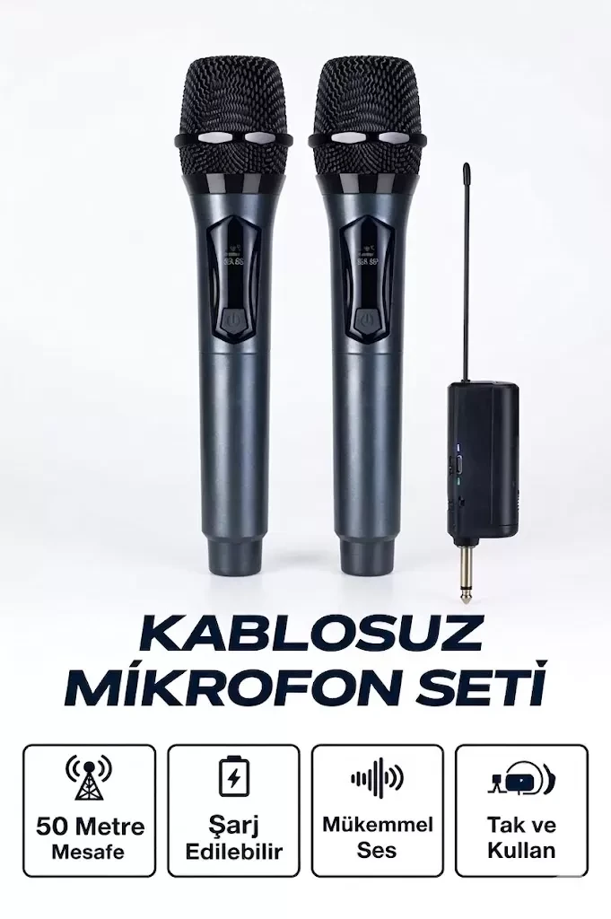 Profesyonel Çiftli Kablosuz Mikrofon Seti Karaoke Şarj Edilebilir 50 Metre