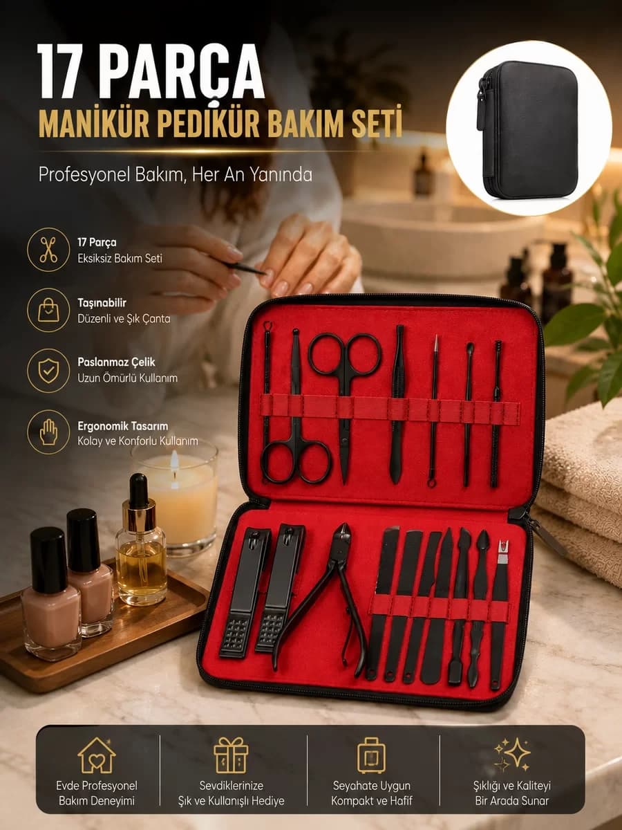Paslanmaz Çelik 17 Parça Manikür Pedikür Seti ve Taşınabilir Şık Çanta