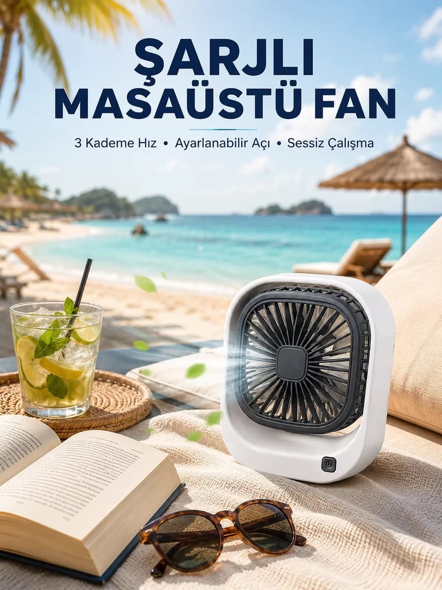 Şarjlı Masaüstü Fan 3 Kademeli Hız Ayarlı Güçlü Hava Akışı