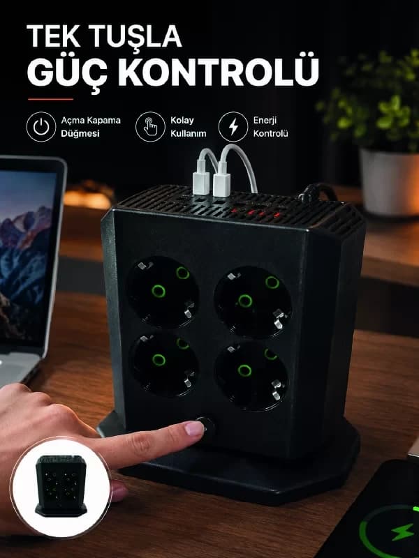 Akım Korumalı 8`li Dikey Priz 4 USB 2 Type-C Hızlı Şarj Destekli Çoklu Priz