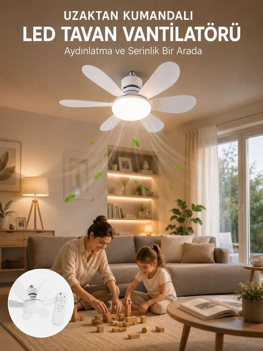 Tavan Vantilatörü Sessiz Motorlu Uzaktan Kumandalı LED Aydınlatma Güçlü Serin...