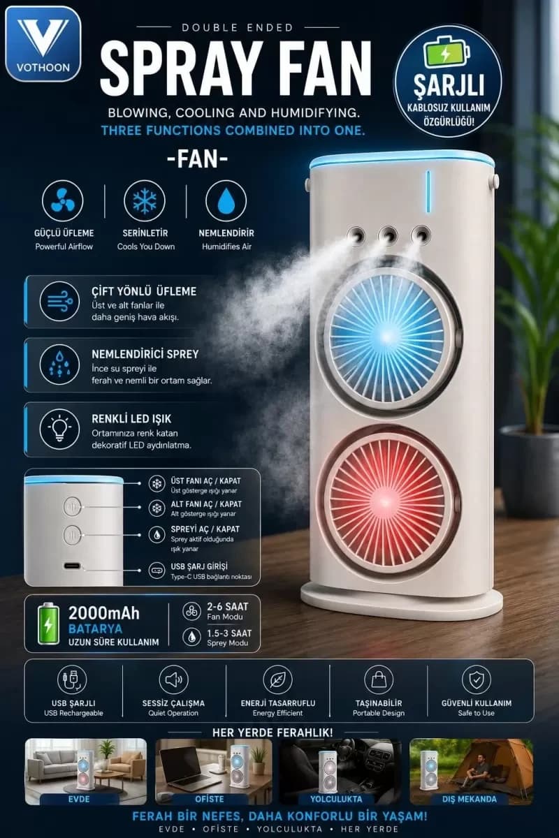 Çift Başlıklı Sprey Fan Nemlendirici Ve Renkli Led Işıklı Beyaz