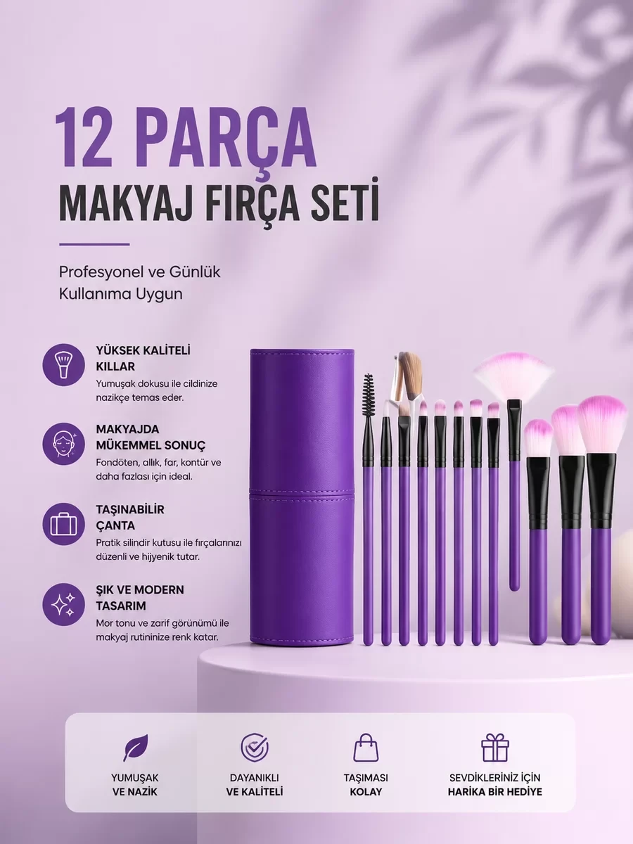 12`li Makyaj Fırça Seti Yumuşak Kıllı Profesyonel Kullanıma Uygun