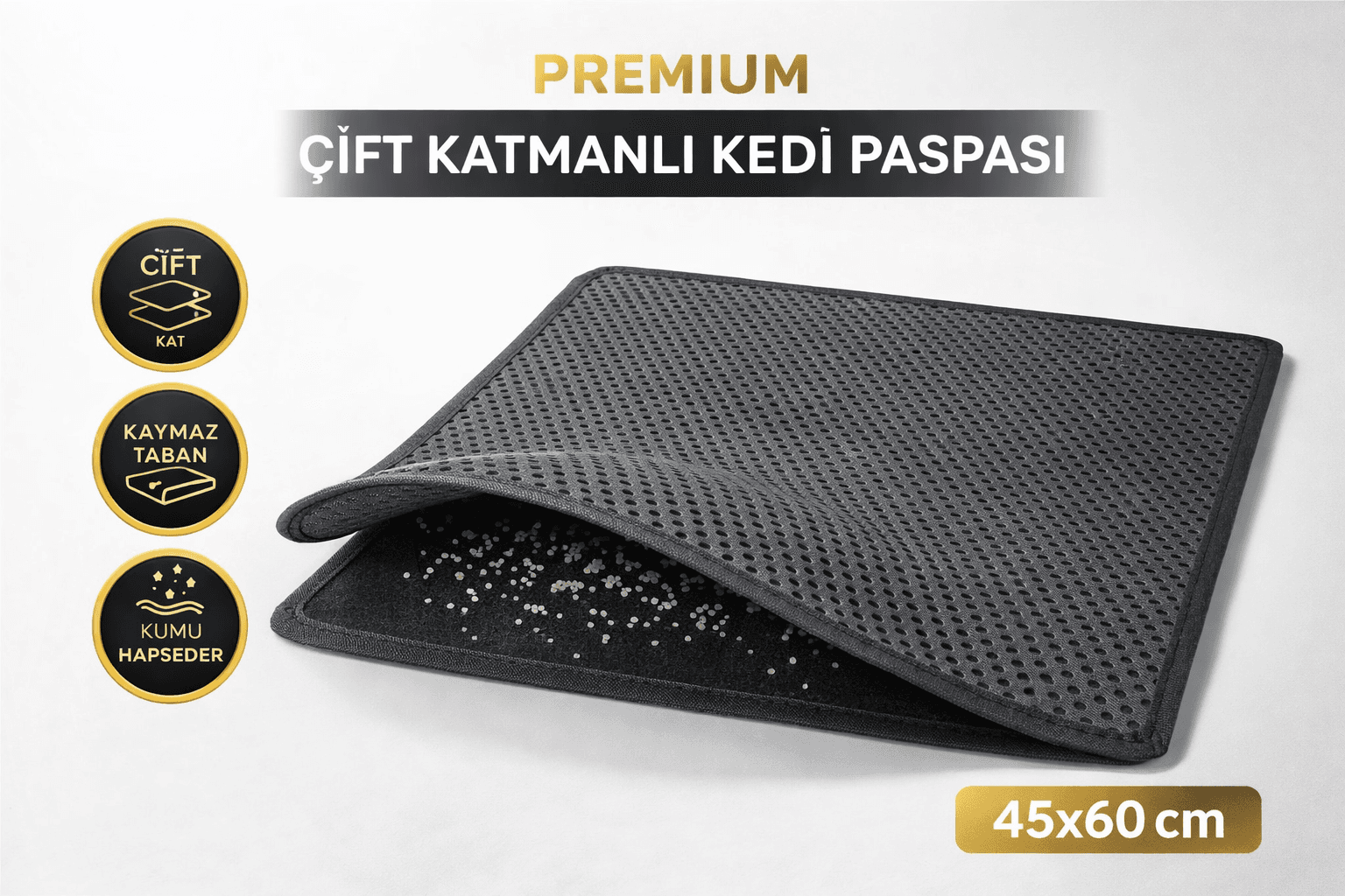 Kedi Elekli Tuvalet Önü Kum Tutucu Paspas 45 cm - 60 cm Gri