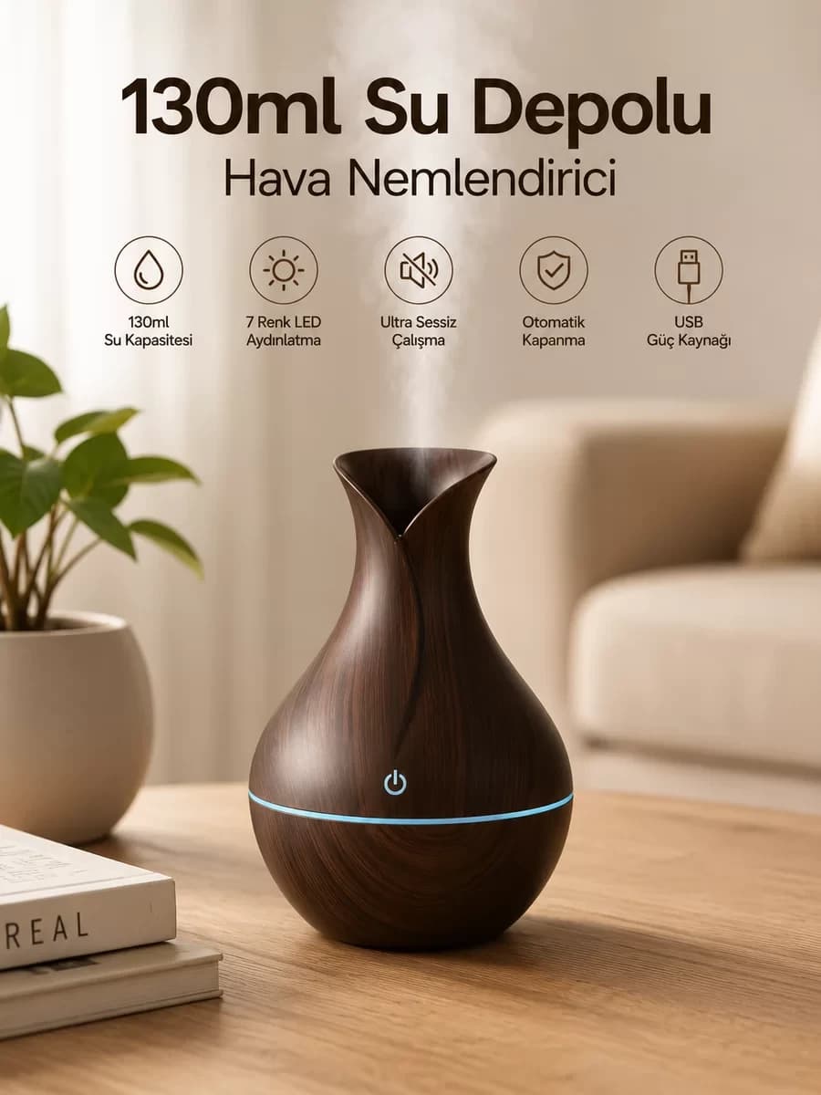 130ml Aromaterapi Difüzörü Hava Nemlendirici 7 Renk LED Işıklı