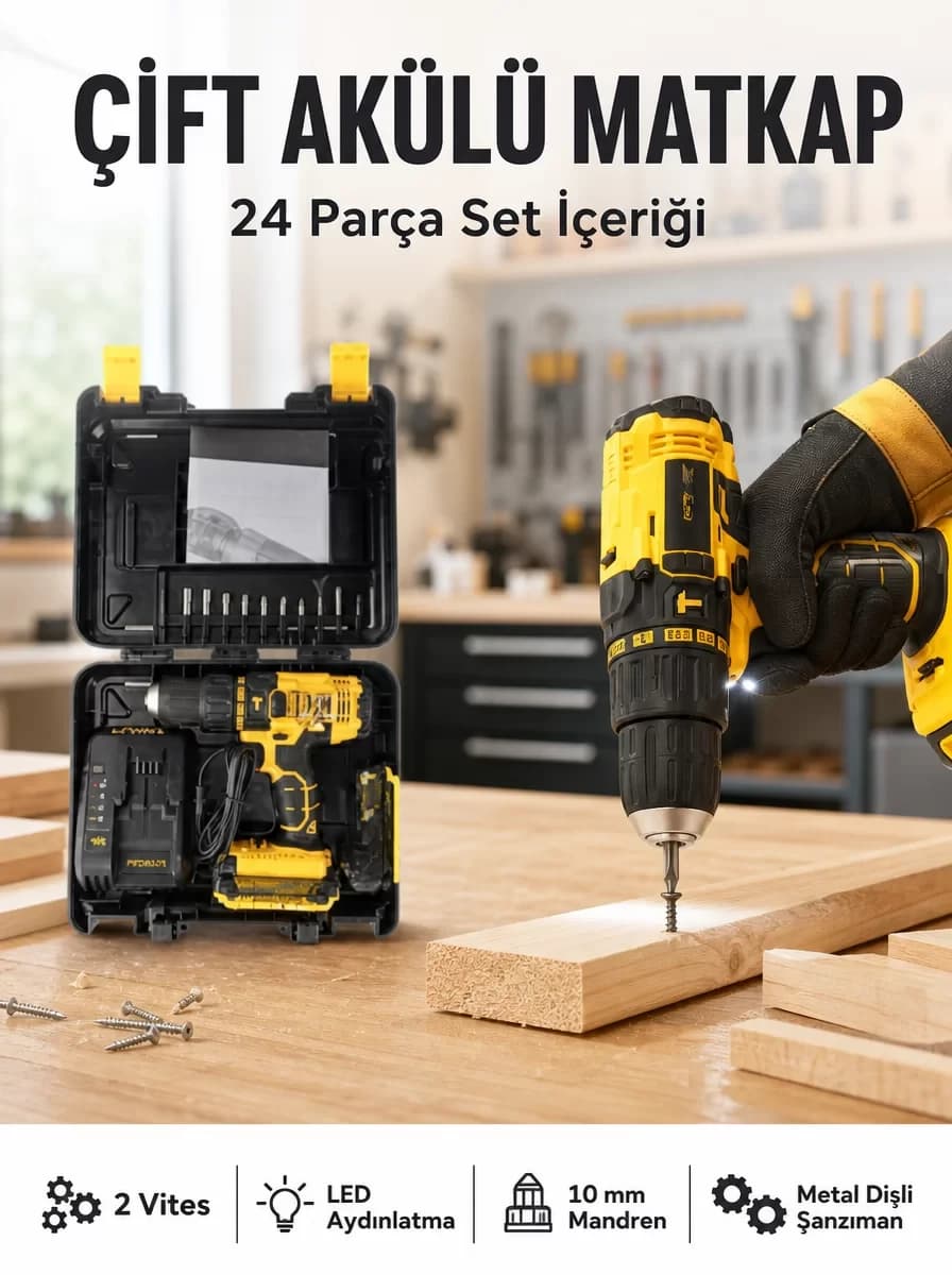 Matkap Seti 24 Parça Çift Bataryalı Darbeli Led Işıklı Vidalama Yeni Nesil