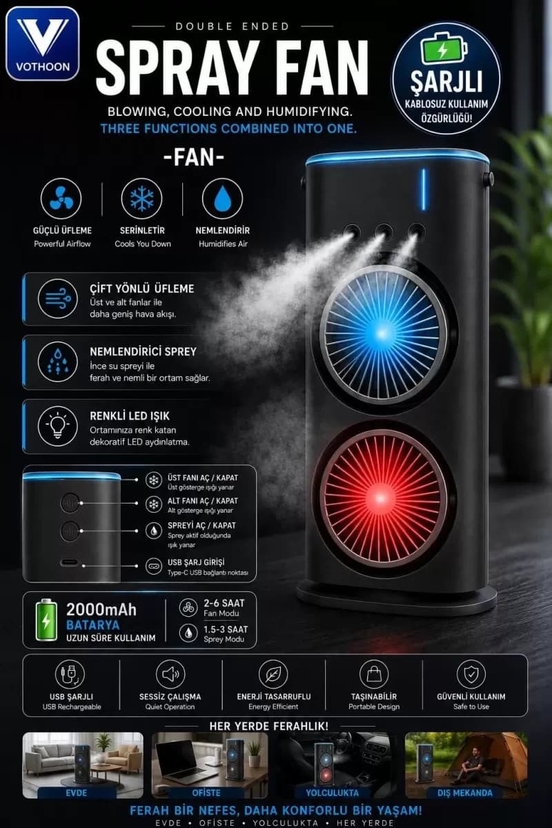 Çift Başlıklı Sprey Fan Nemlendirici Ve Renkli Led Işıklı Siyah