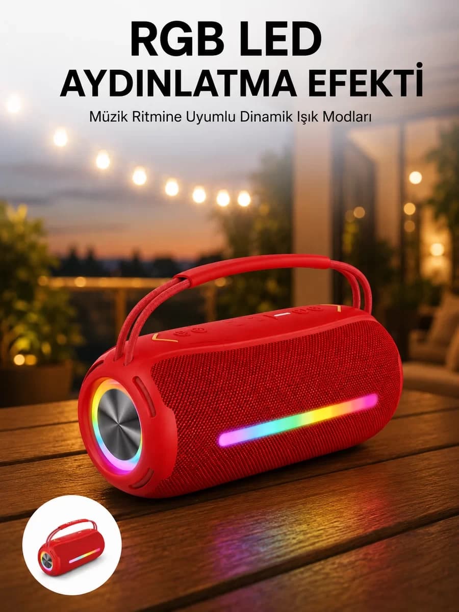 360 RGB LED`li Taşınabilir Bluetooth Hoparlör – Kırmızı USB/TF Destekli