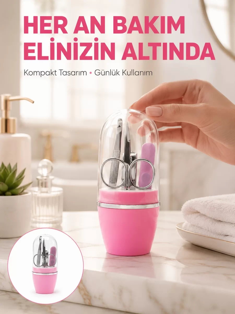 Tırnak Bakım Manikür Pedikür Seti 4 Parça Pembe Pratik Günlük Kullanım Yeni N...