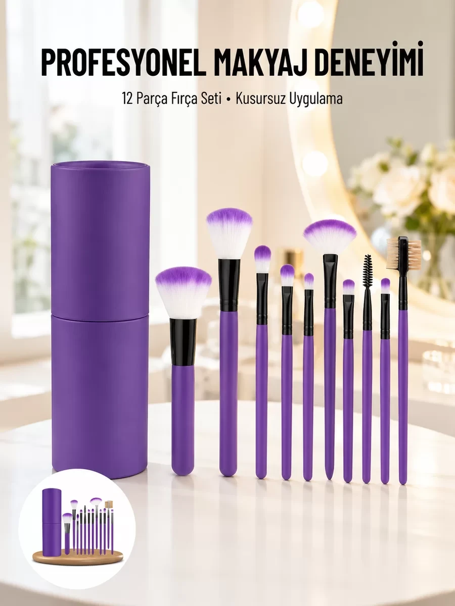 12 Parça Makyaj Fırçası Yumuşak Kıllı Profesyonel Fırça Seti Yüksek Kaliteli ...