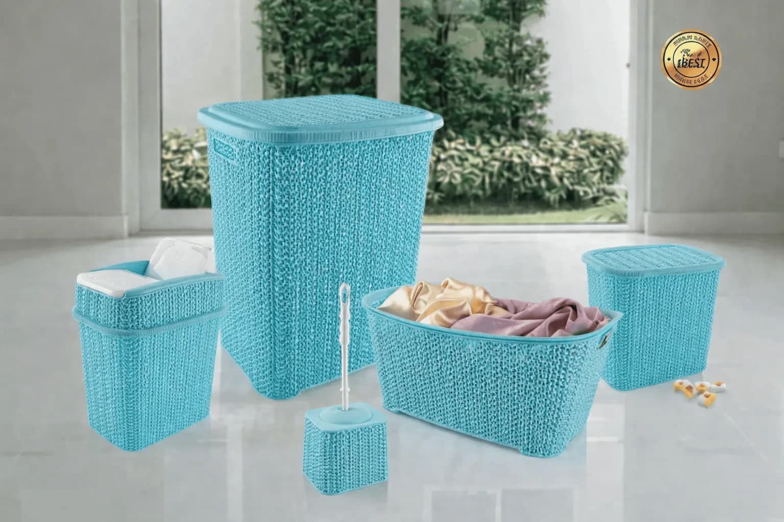 5 Parça Örgü Desenli Plastik Banyo Seti Çamaşır Sepeti Deterjanlık Kovası Kl...