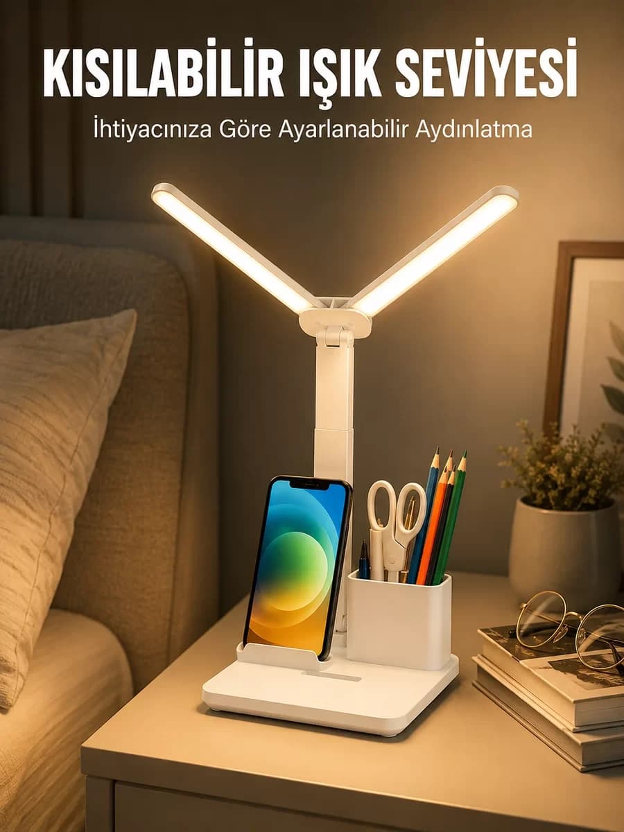 Kısılabilir LED Masa Lambası – Kalemlik Telefon Standı ve Okuma Işığı Bir Ara...