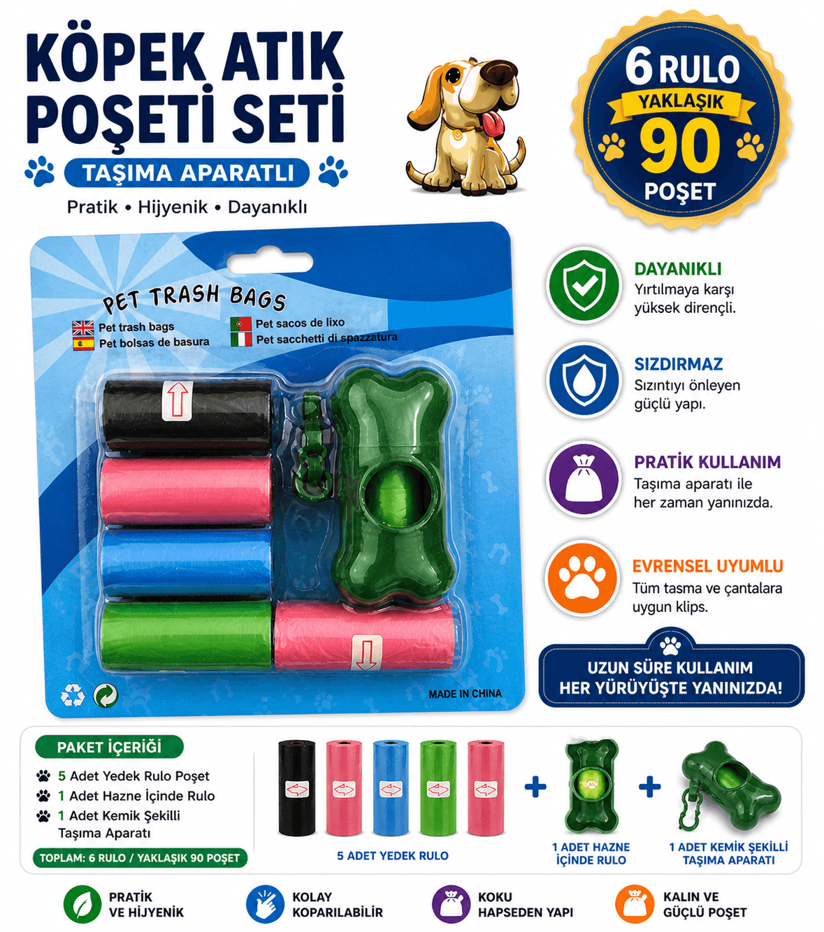 Köpek Dışkı Poşeti 6 rulo + Taşıma Aparatı Hediyeli ( 90 poşet - 6 rulo )